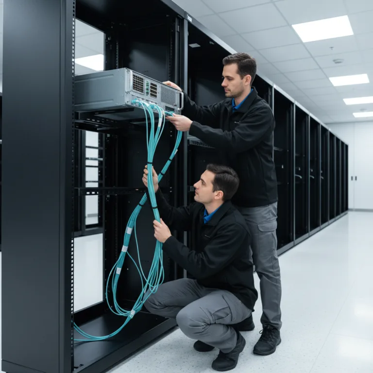 Fibre engineers working in a Slough data centre